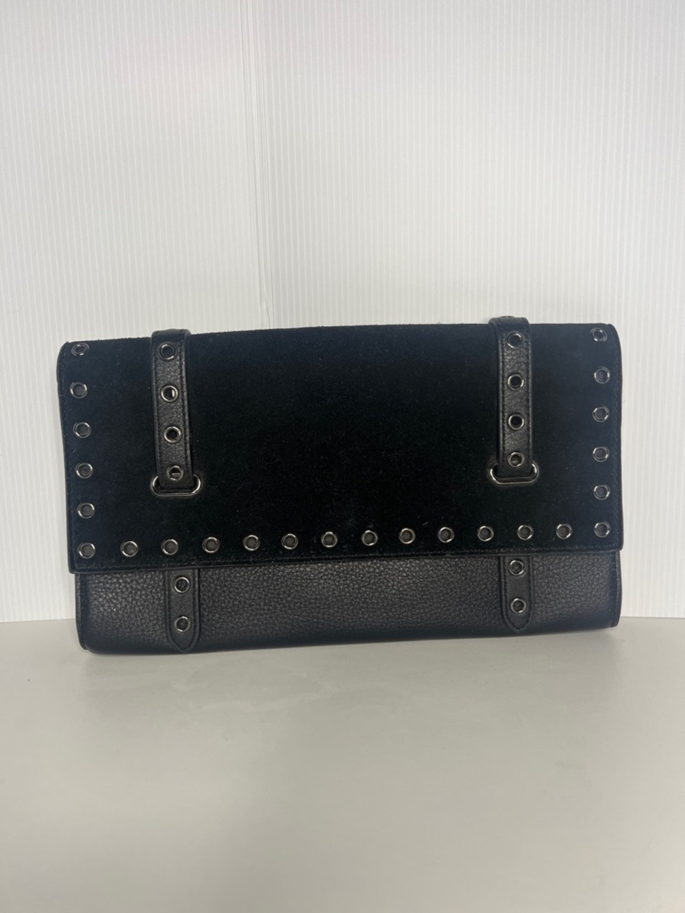 Vince Camuto Black Leather Studded Clutch Foldover Large Envelope Bag